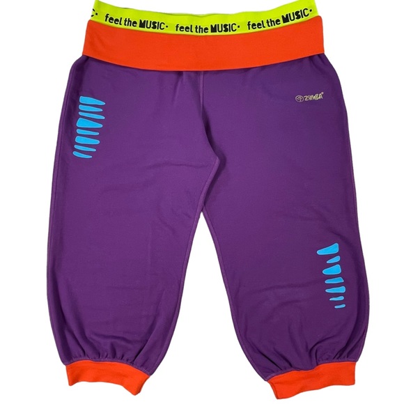Zumba size large bright purple, yellow, & blue capri sweatpants, EUC, like new - Picture 5 of 15